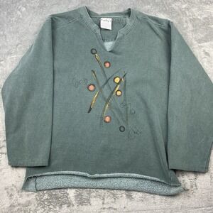 Kunky's Sweatshirt Womens S Green Hand Painted‎ Abstract Art Split Neck Raw Hem